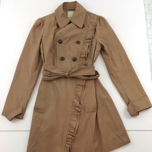 Anthropologie Beige Brown Ruffle Trench Coat